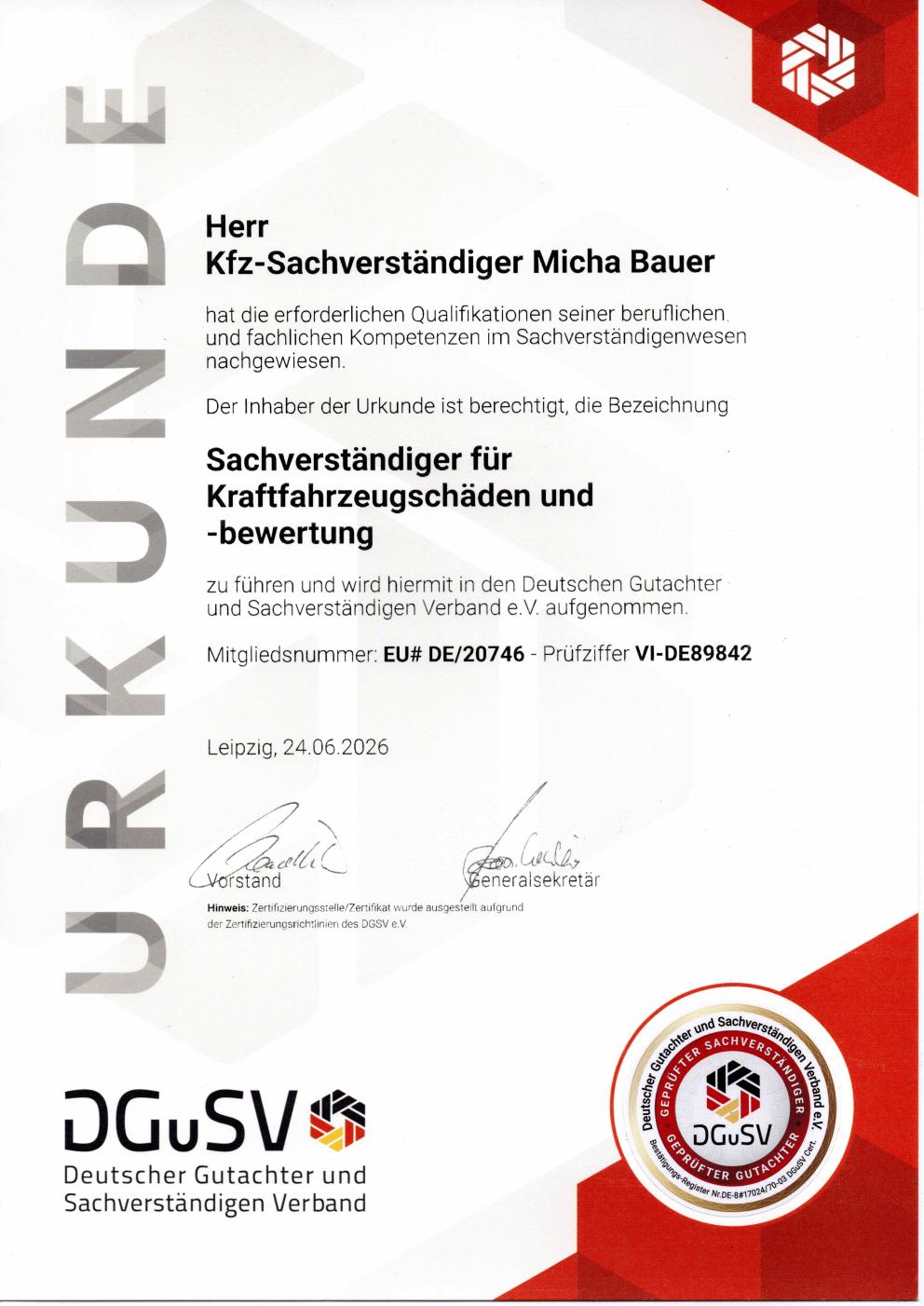 DGuSV – Urkunde